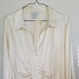 Ivory Silk Satin Dressy Blouse with Self-Tie Belt